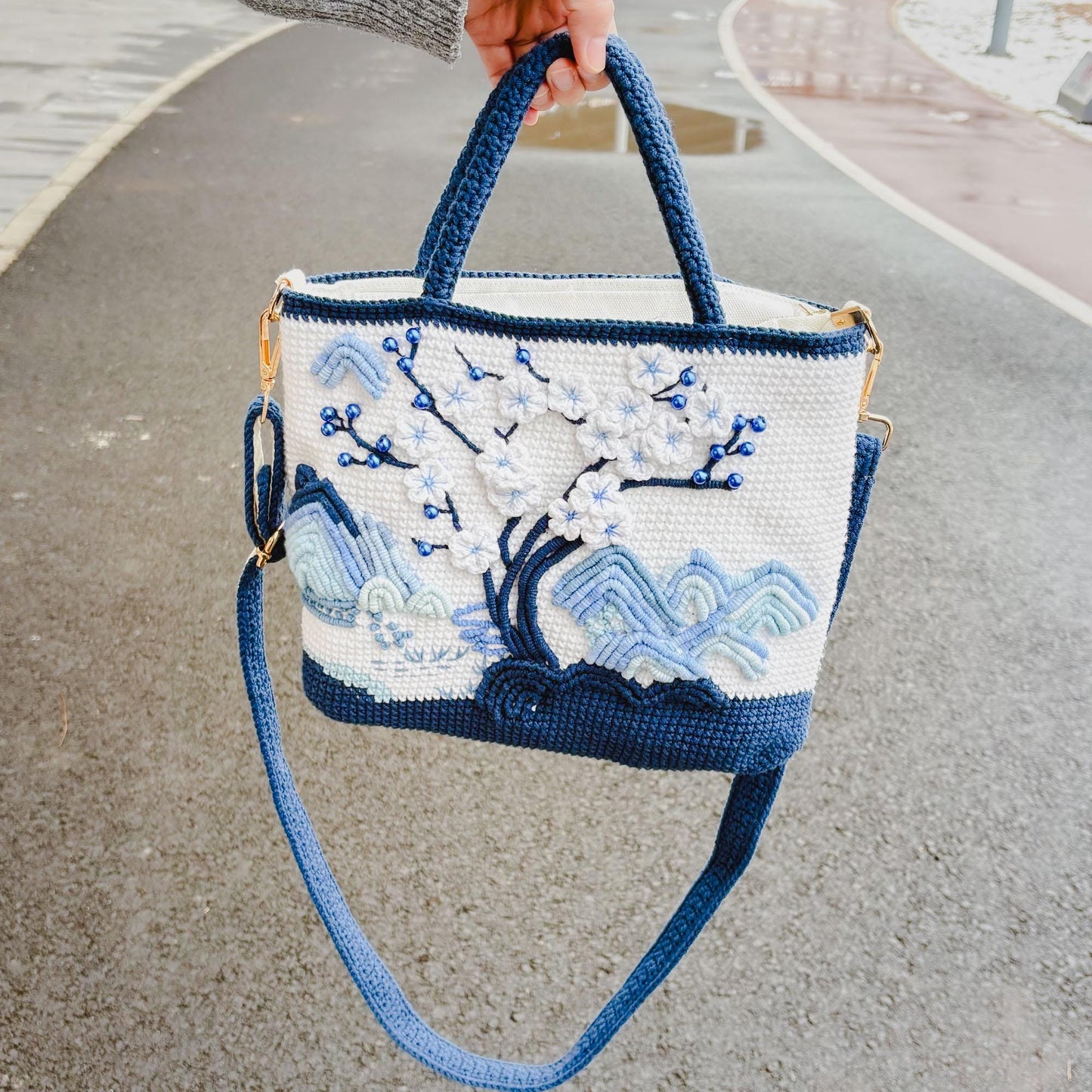 Crochet Landscape Crossbody Bag | Handmade Mountain & Cherry Blossom Purse | Aesthetic Shoulder Bag | Unique Art Tote | Gift for Her