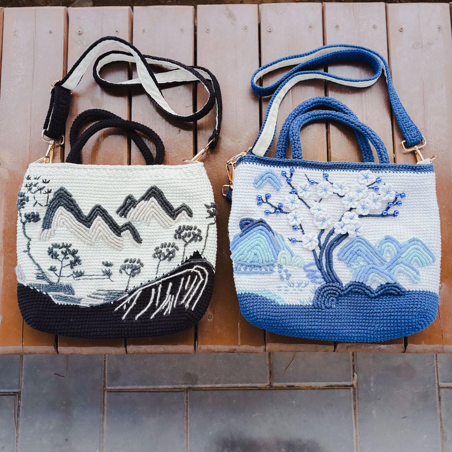 Crochet Landscape Crossbody Bag | Handmade Mountain & Cherry Blossom Purse | Aesthetic Shoulder Bag | Unique Art Tote | Gift for Her