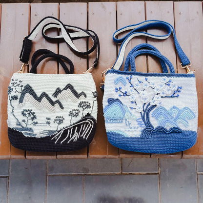 Crochet Landscape Crossbody Bag | Handmade Mountain & Cherry Blossom Purse | Aesthetic Shoulder Bag | Unique Art Tote | Gift for Her
