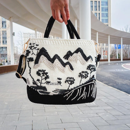 Crochet Landscape Crossbody Bag | Handmade Mountain & Cherry Blossom Purse | Aesthetic Shoulder Bag | Unique Art Tote | Gift for Her