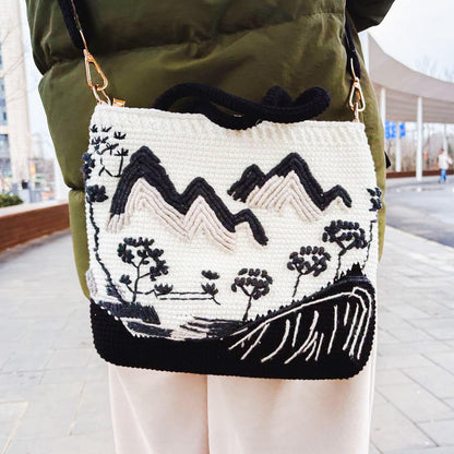 Crochet Landscape Crossbody Bag | Handmade Mountain & Cherry Blossom Purse | Aesthetic Shoulder Bag | Unique Art Tote | Gift for Her