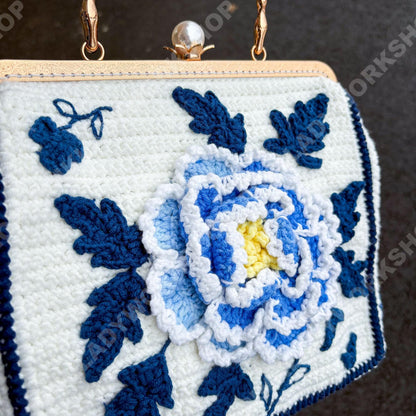 Crochet Peony Clutch Bag | Handmade Floral Purse with Pearl Handle | Elegant Vintage Handbag | Wedding Guest Bag | Blue Flower Clutch