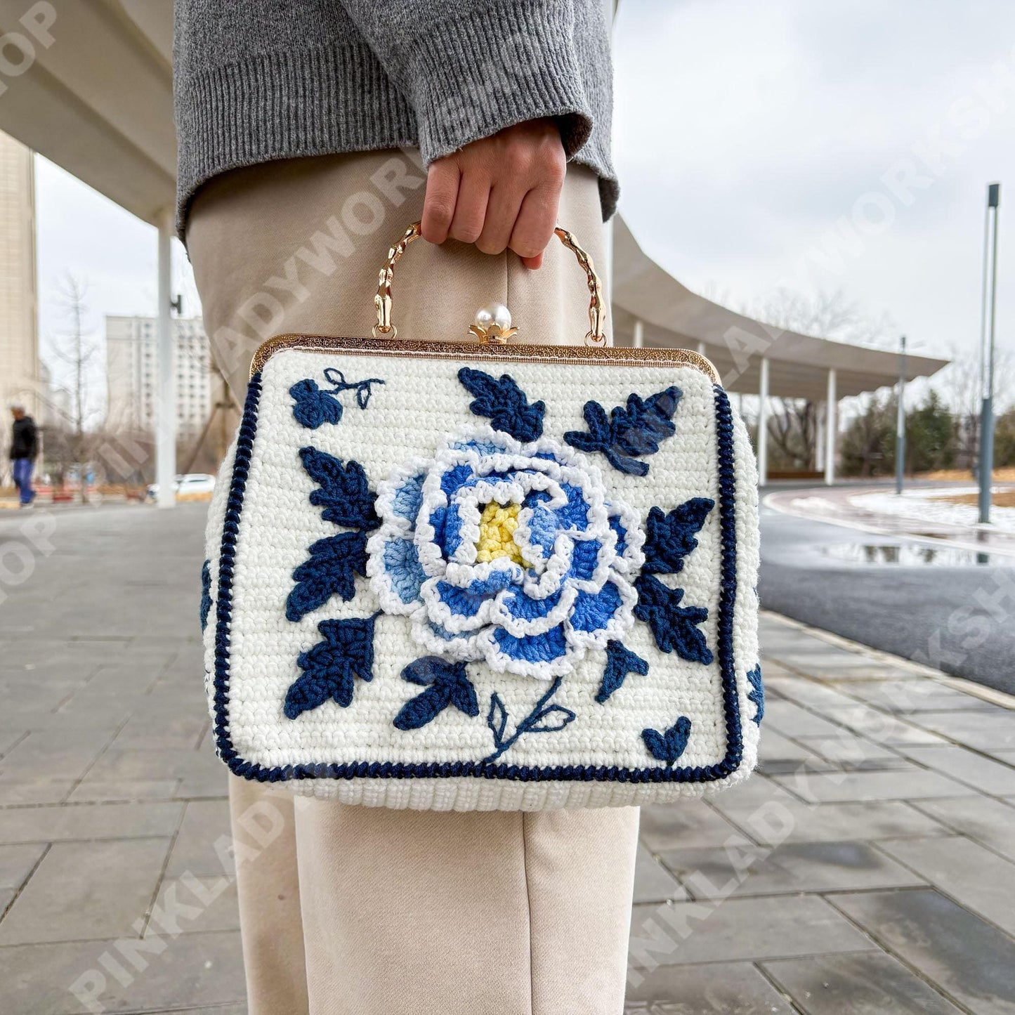 Crochet Peony Clutch Bag | Handmade Floral Purse with Pearl Handle | Elegant Vintage Handbag | Wedding Guest Bag | Blue Flower Clutch