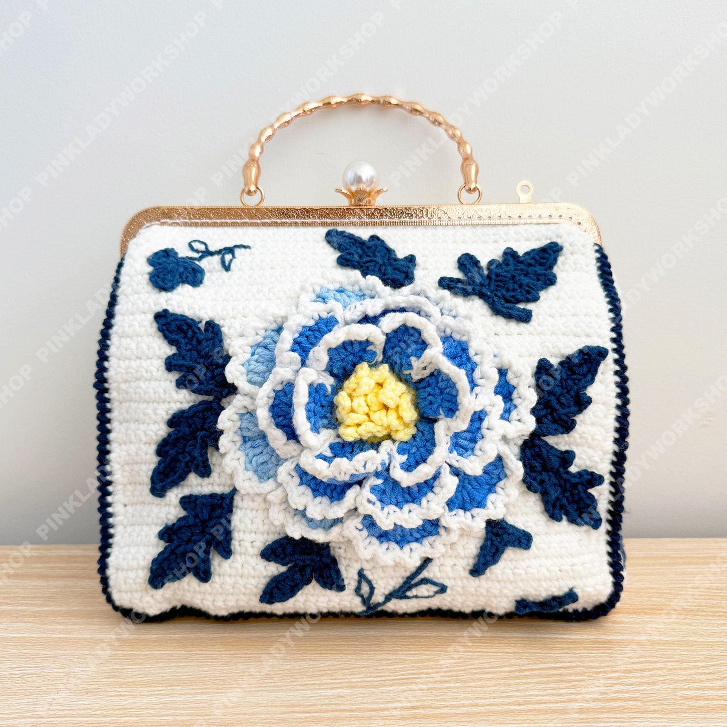 Crochet Peony Clutch Bag | Handmade Floral Purse with Pearl Handle | Elegant Vintage Handbag | Wedding Guest Bag | Blue Flower Clutch