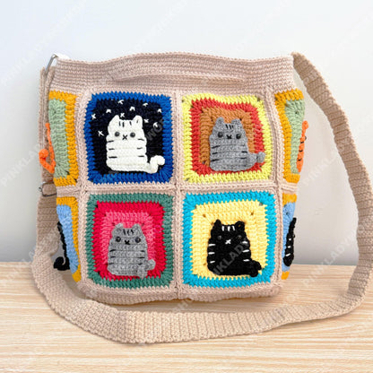 Crochet Cat Granny Square Bag | Handmade Cat Tote | Cute Kitty Crossbody | Colorful Patchwork Purse | Gift for Cat Lover