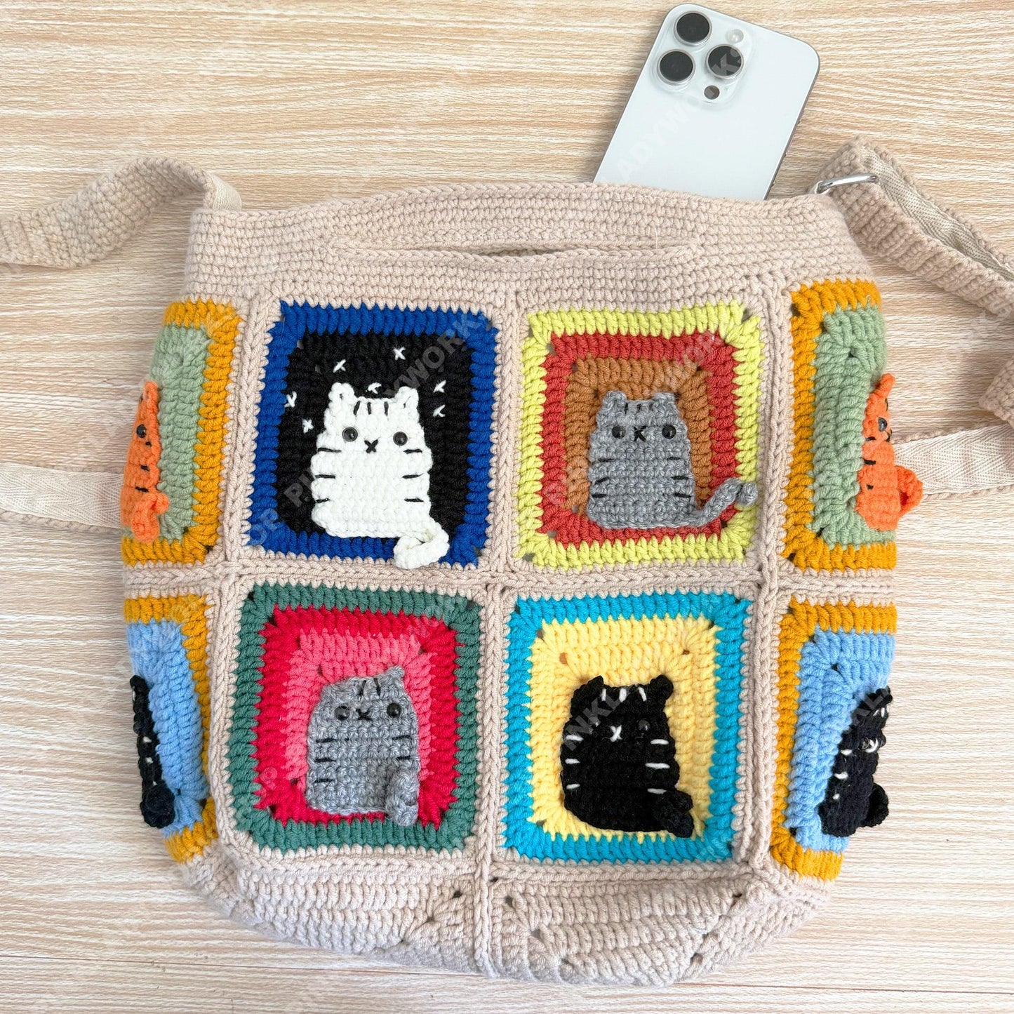 Crochet Cat Granny Square Bag | Handmade Cat Tote | Cute Kitty Crossbody | Colorful Patchwork Purse | Gift for Cat Lover