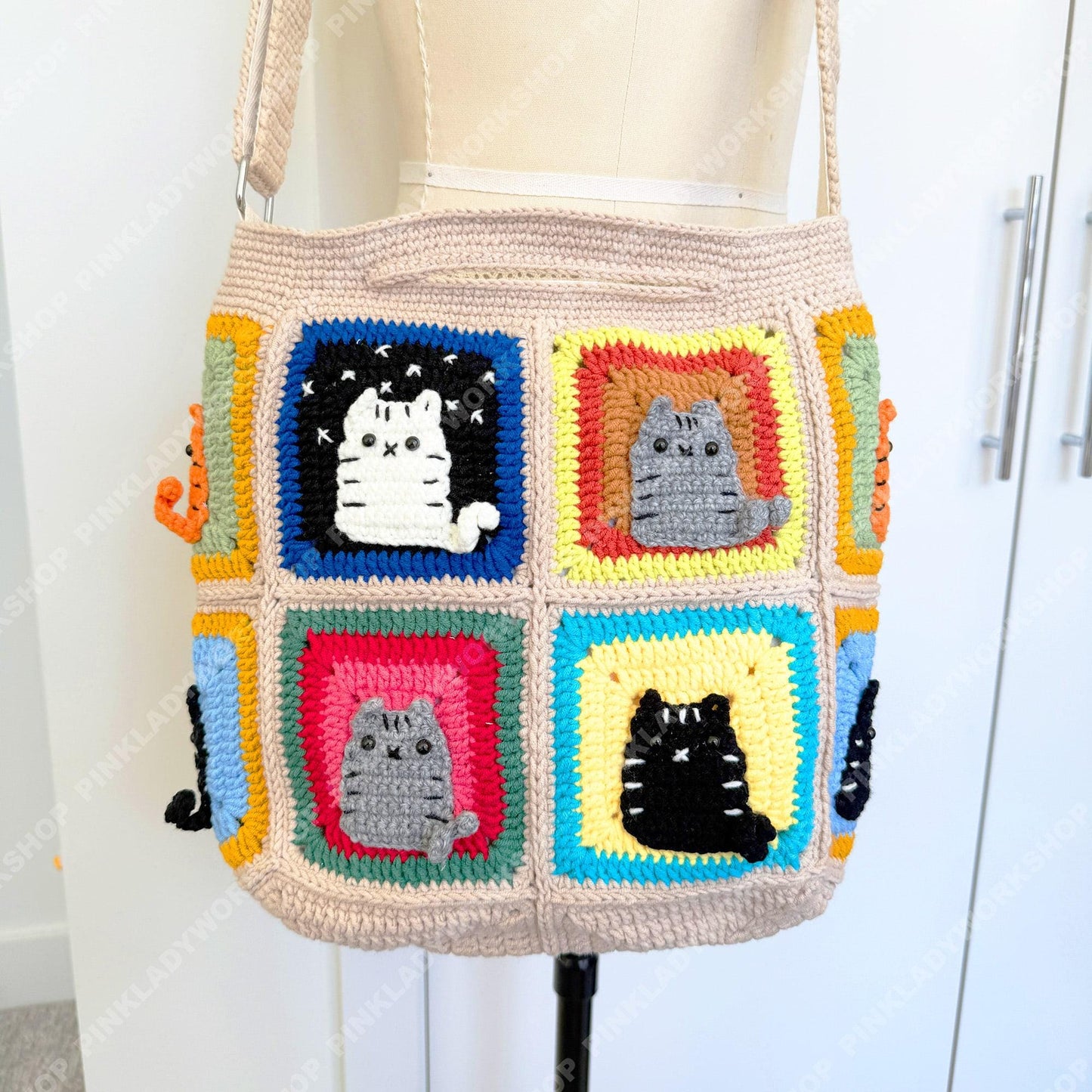 Crochet Cat Granny Square Bag | Handmade Cat Tote | Cute Kitty Crossbody | Colorful Patchwork Purse | Gift for Cat Lover