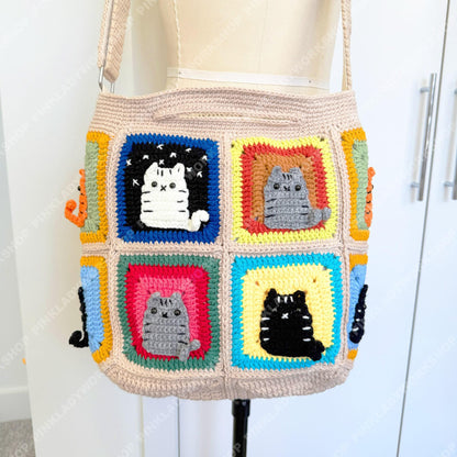 Crochet Cat Granny Square Bag | Handmade Cat Tote | Cute Kitty Crossbody | Colorful Patchwork Purse | Gift for Cat Lover