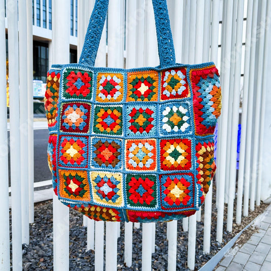Crochet Granny Square Tote Bag | Handmade | Colorful Boho Shoulder Bag | Vintage Style Tote | Large Crochet Bag | Everyday Carry