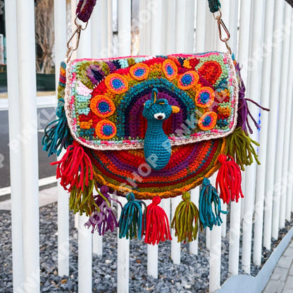 Crochet Peacock Crossbody Bag | Boho Hippie Festival Bag | Coachella Outfit Bag | Y2K Statement Purse | Handmade Colorful Shoulder Bag