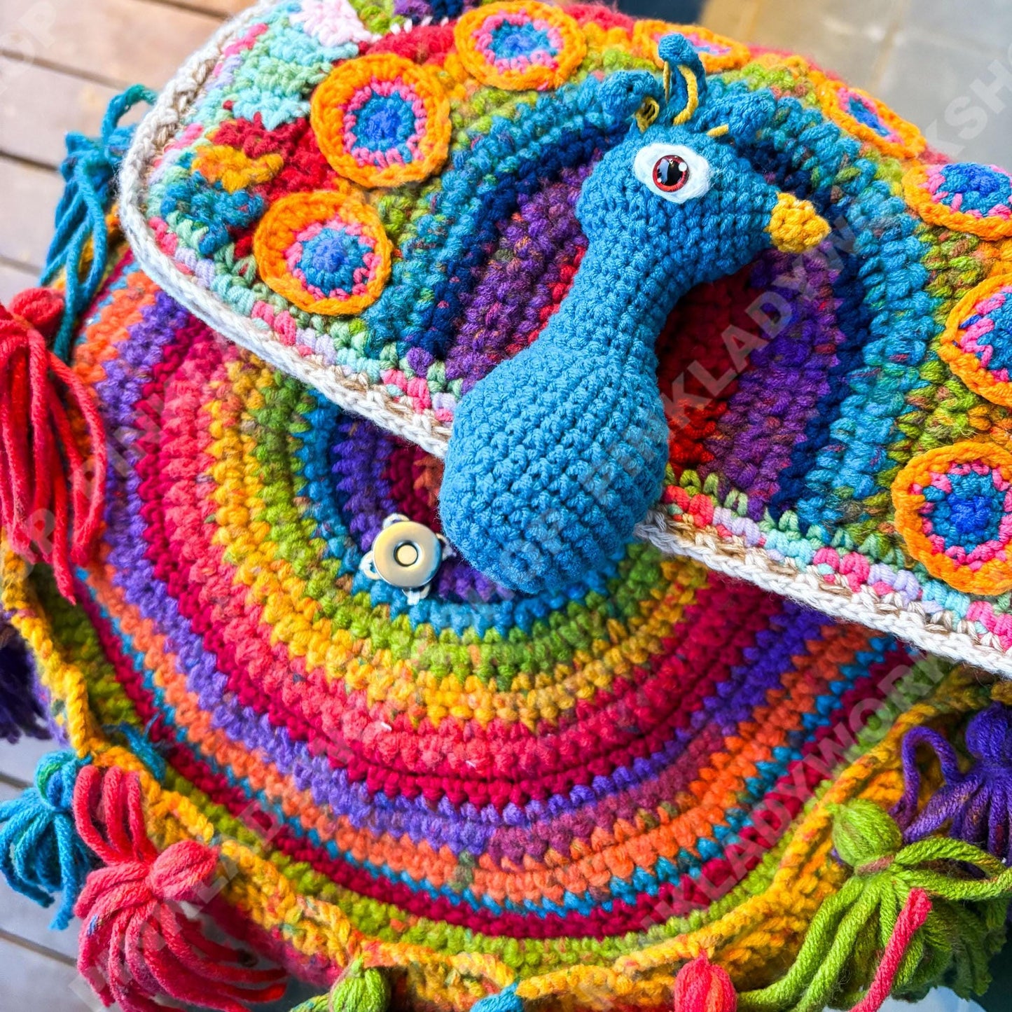 Crochet Peacock Crossbody Bag | Boho Hippie Festival Bag | Coachella Outfit Bag | Y2K Statement Purse | Handmade Colorful Shoulder Bag