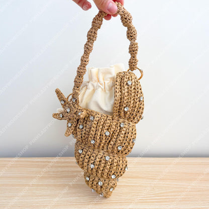 Pre-order Crochet Raffia Shell Bag | Handmade Seashell Clutch | Beach Vacation Purse | Pearl Studded Bag | Summer Crossbody