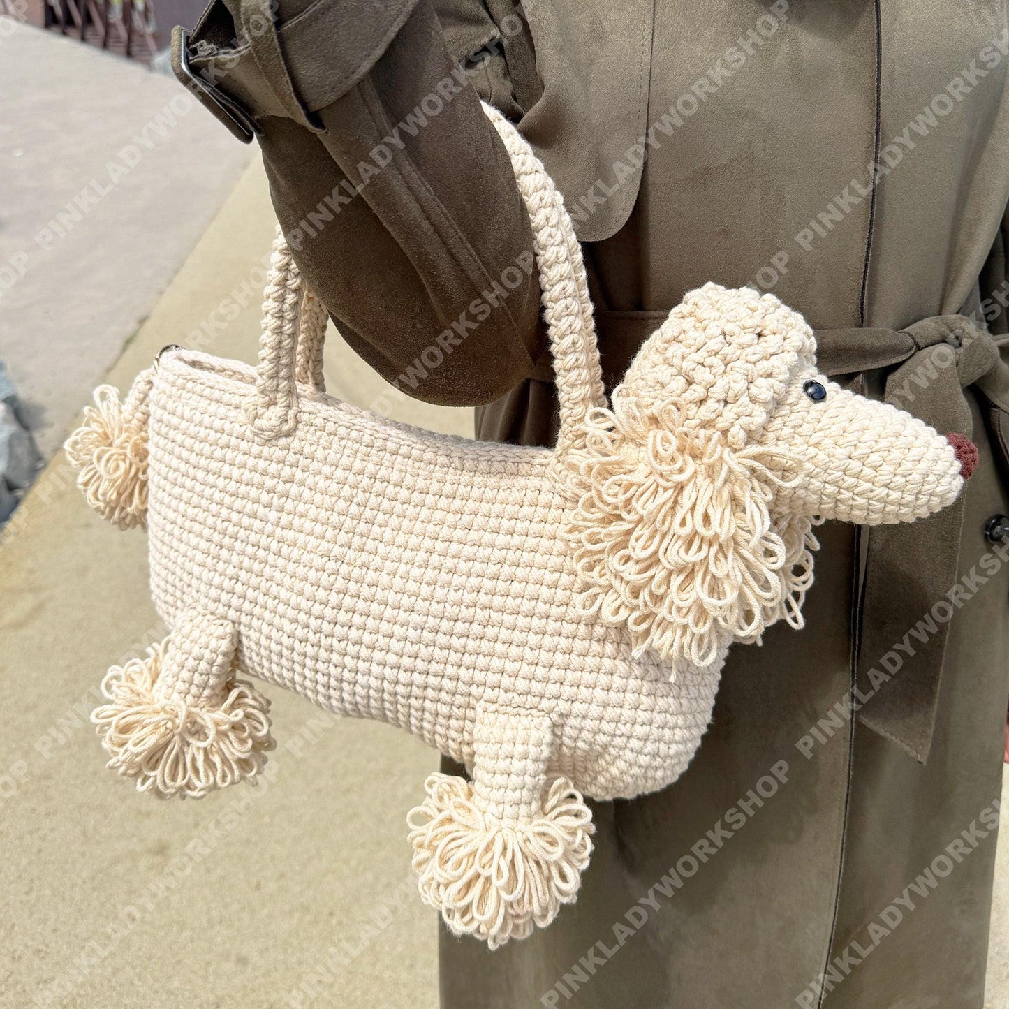Crochet Poodle Dog Bag | Handmade Puppy Handbag | Real Leather Handle | Cute Animal Purse | Unique Statement Tote