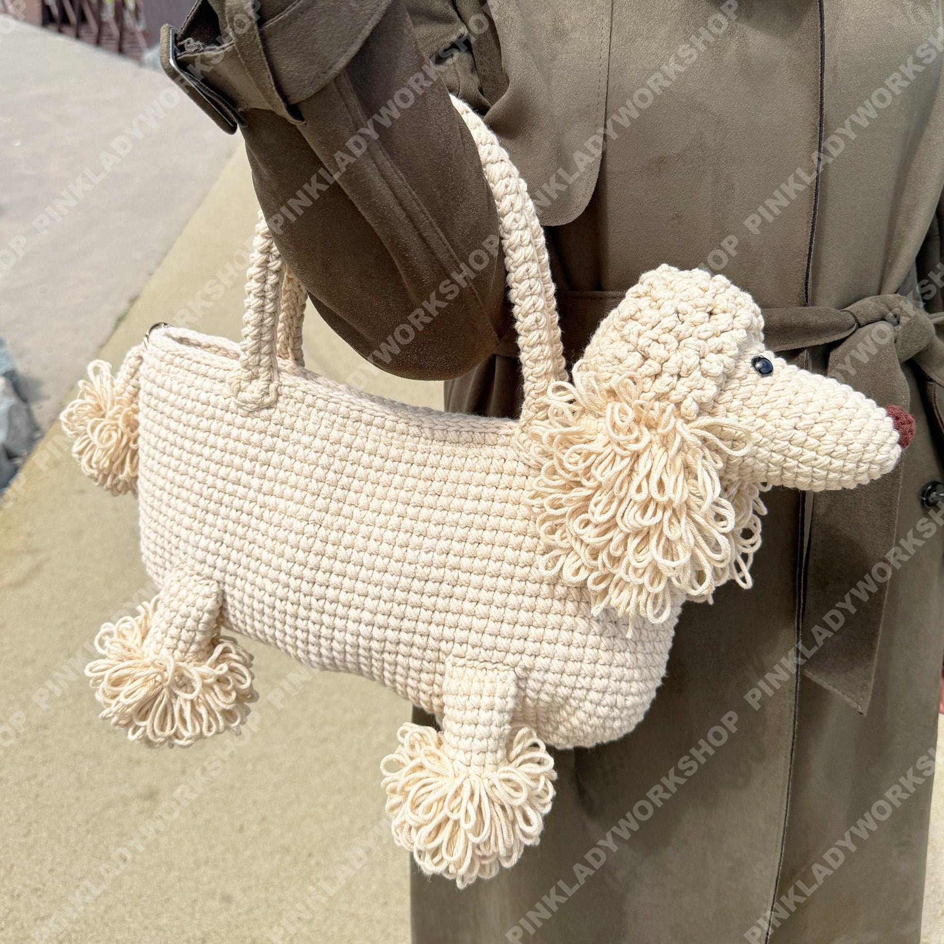 Crochet Poodle Dog Bag | Handmade Puppy Handbag | Real Leather Handle | Cute Animal Purse | Unique Statement Tote
