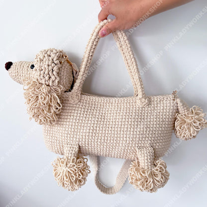 Crochet Poodle Dog Bag | Handmade Puppy Handbag | Real Leather Handle | Cute Animal Purse | Unique Statement Tote