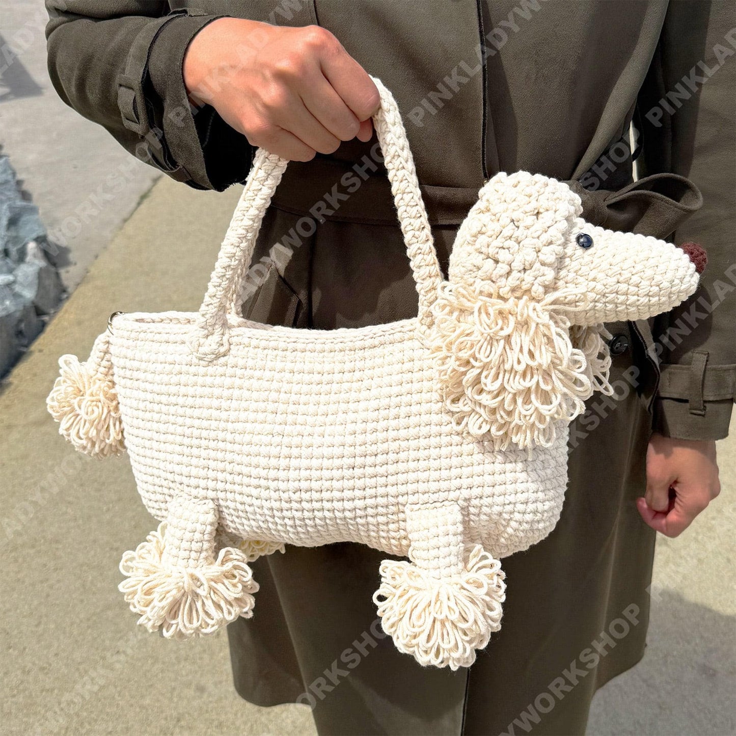 Crochet Poodle Dog Bag | Handmade Puppy Handbag | Real Leather Handle | Cute Animal Purse | Unique Statement Tote