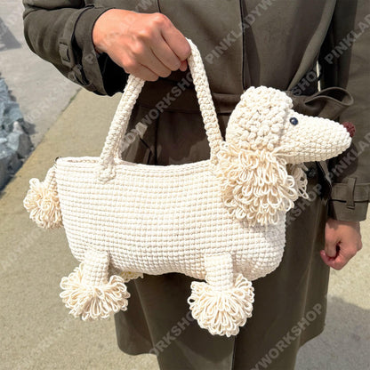 Crochet Poodle Dog Bag | Handmade Puppy Handbag | Real Leather Handle | Cute Animal Purse | Unique Statement Tote