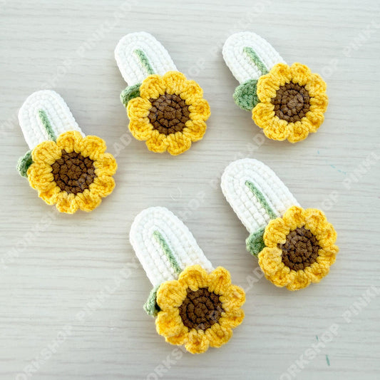 Crochet Sunflower Hair Clips Set of 5 | Handmade Sunflower Snap Clips | Floral Hair Accessories | Cottagecore Hair Barrettes