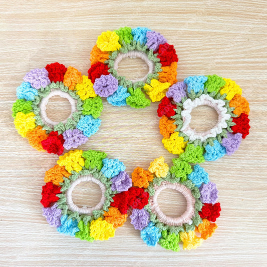 Set of 5 Crochet Lily of the Valley Hair Scrunchie | Handmade Flower Hair Tie | Pink Floral Ponytail Holder | Cottagecore Hair Accessory