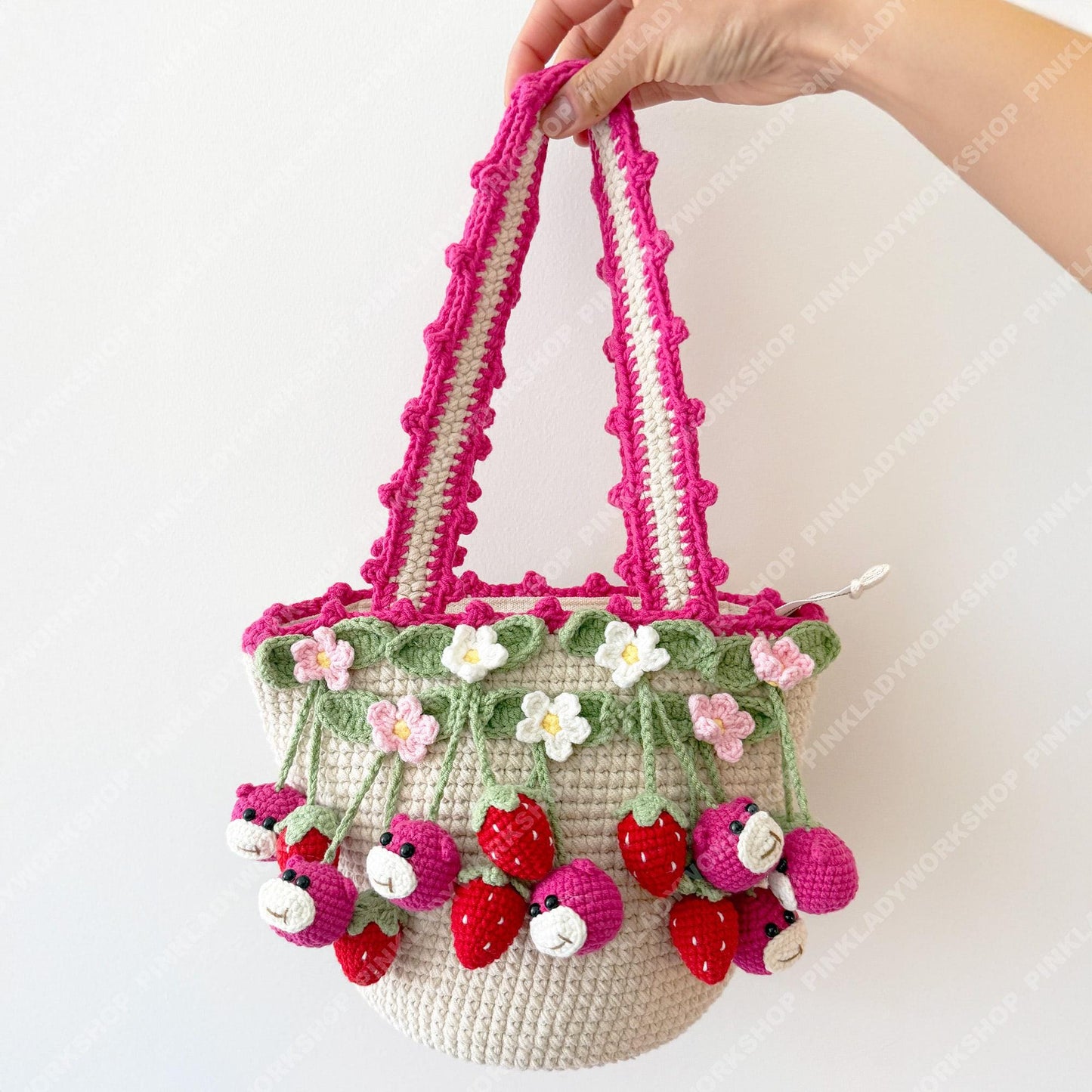 Crochet Strawberry Bag | Bear Bag Charm | Handmade Pink Flower Tote | Cute Kawaii Fruit Purse | Gift for Girls & Women