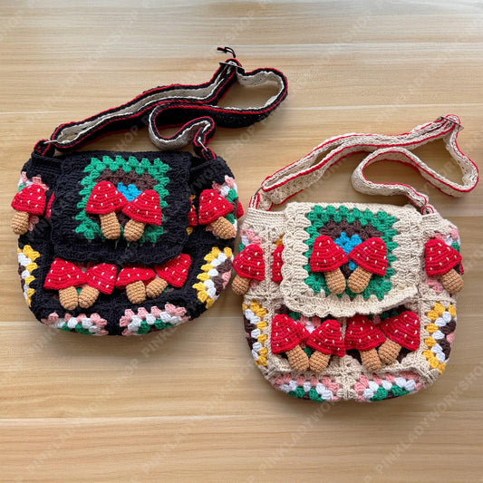 Crochet Mushroom Granny Square Bag | Handmade Cottagecore Crossbody Purse | 3D Toadstool Crochet Handbag | Whimsical Gift