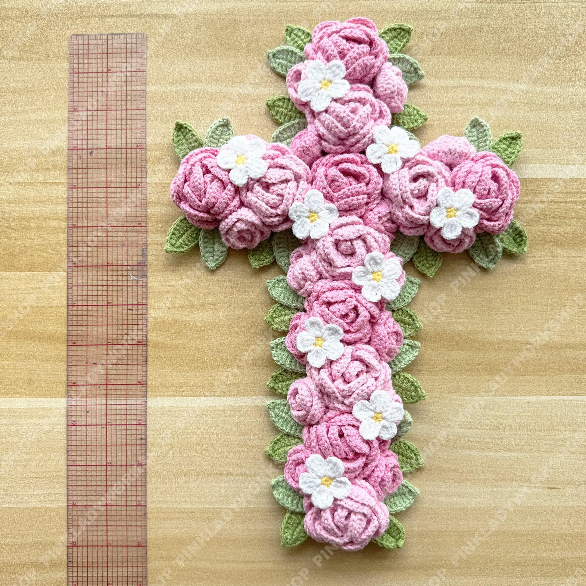 Crochet Rose Cross Wall Hanging | Handmade Christian Cross Deco | Floral Decoration | Pink Rose Cross | Religious Gift | Easter Baptism Gift