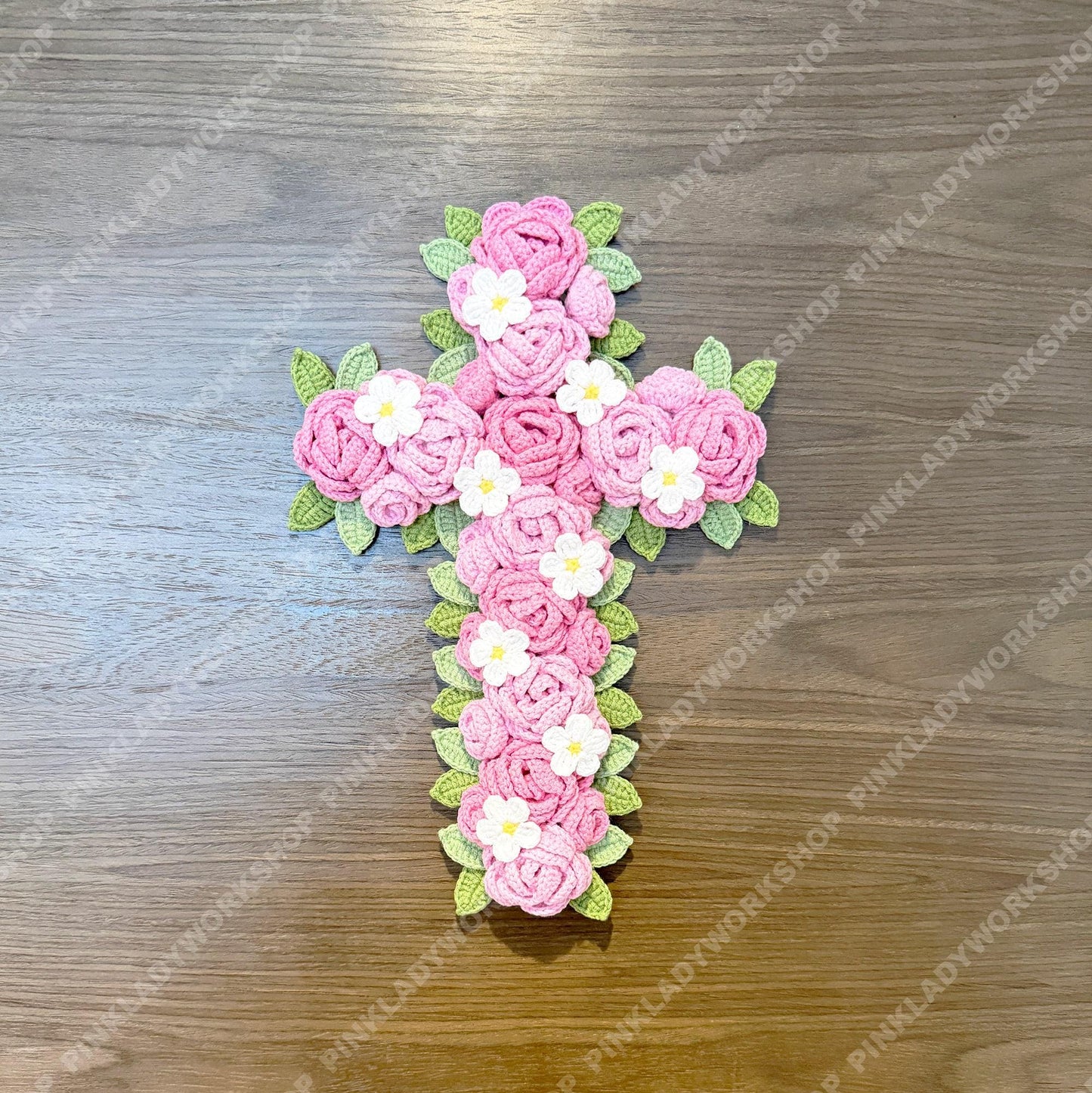 Crochet Rose Cross Wall Hanging | Handmade Christian Cross Deco | Floral Decoration | Pink Rose Cross | Religious Gift | Easter Baptism Gift