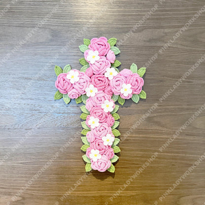Crochet Rose Cross Wall Hanging | Handmade Christian Cross Deco | Floral Decoration | Pink Rose Cross | Religious Gift | Easter Baptism Gift