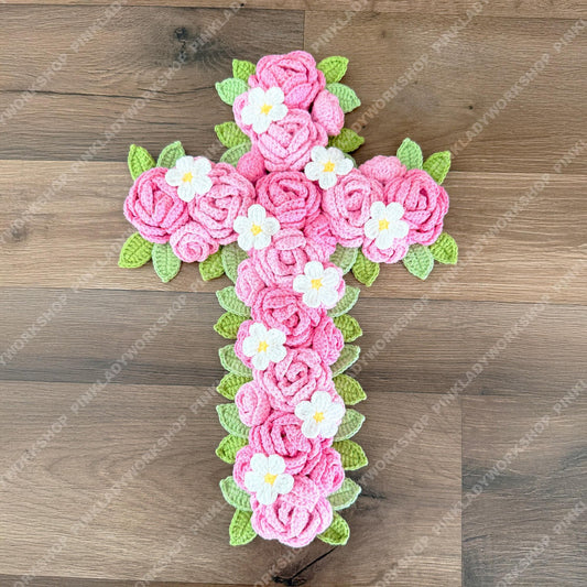 Crochet Rose Cross Wall Hanging | Handmade Christian Cross Deco | Floral Decoration | Pink Rose Cross | Religious Gift | Easter Baptism Gift