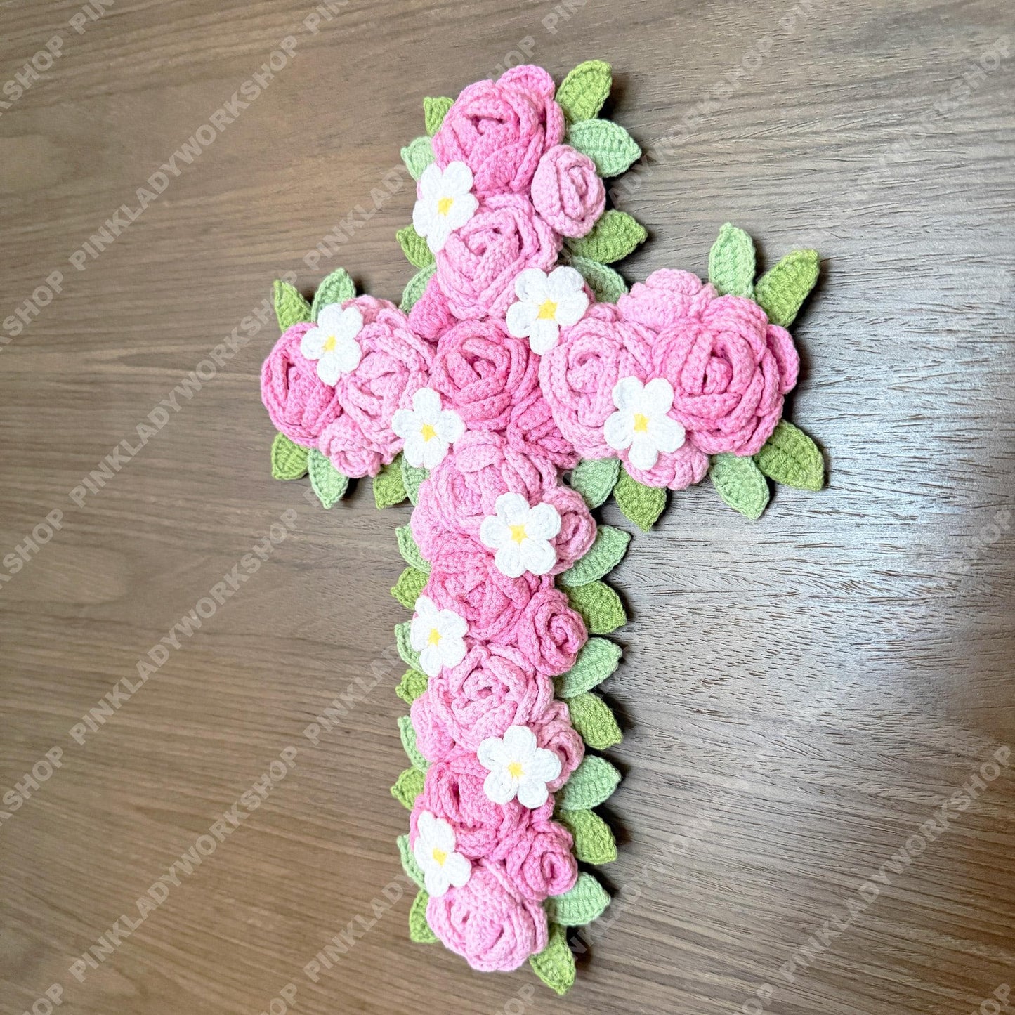 Crochet Rose Cross Wall Hanging | Handmade Christian Cross Deco | Floral Decoration | Pink Rose Cross | Religious Gift | Easter Baptism Gift