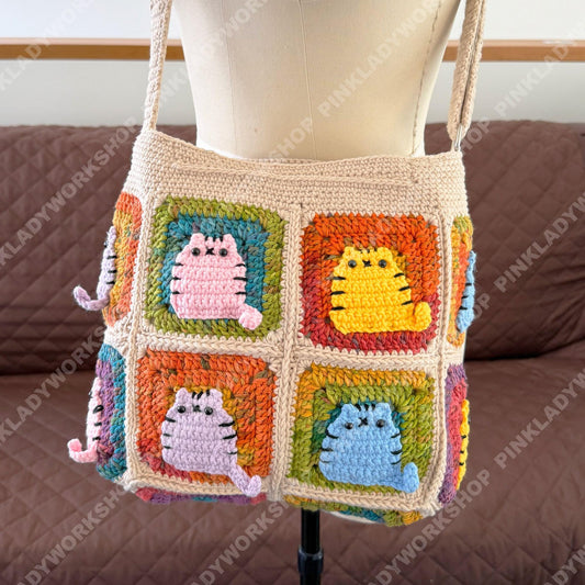 Crochet Cat Granny Square Bag | Handmade Cat Tote | Cute Kitty Crossbody | Colorful Patchwork Purse | Gift for Cat Lover