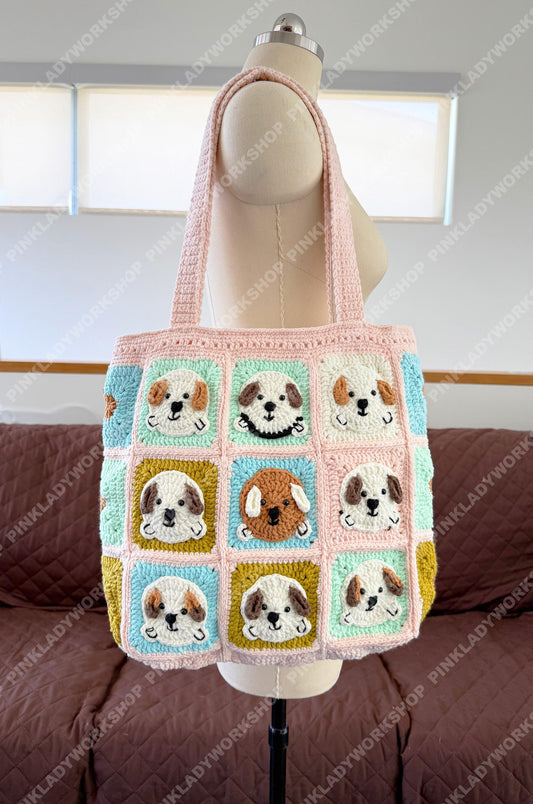 Crochet Dog Tote Bag | Granny Square Puppy Bag | Handmade Dog Lover Gift | Cute Pastel Shoulder Bag | Crochet Market Bag