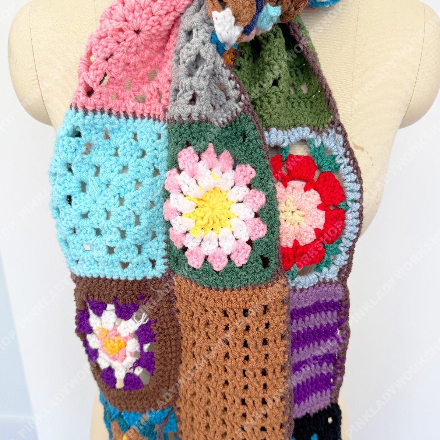 Handmade Crochet Granny Square Scarf | Vintage Patchwork Scarf | Colorful Boho | Retro Floral Knit Style | Winter Accessory