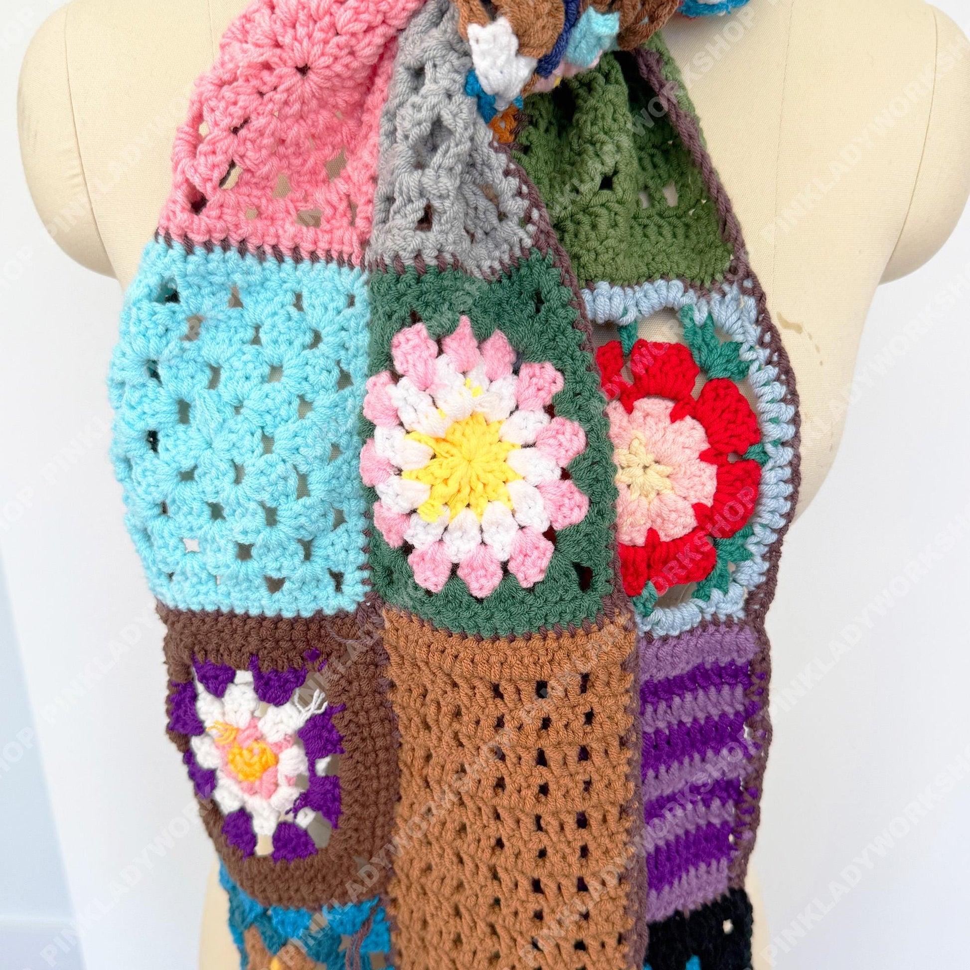 Handmade Crochet Granny Square Scarf | Vintage Patchwork Scarf | Colorful Boho | Retro Floral Knit Style | Winter Accessory