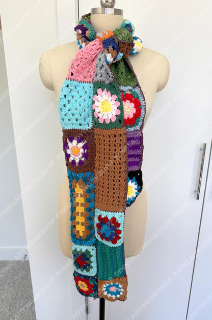 Handmade Crochet Granny Square Scarf | Vintage Patchwork Scarf | Colorful Boho | Retro Floral Knit Style | Winter Accessory