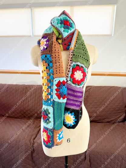 Handmade Crochet Granny Square Scarf | Vintage Patchwork Scarf | Colorful Boho | Retro Floral Knit Style | Winter Accessory