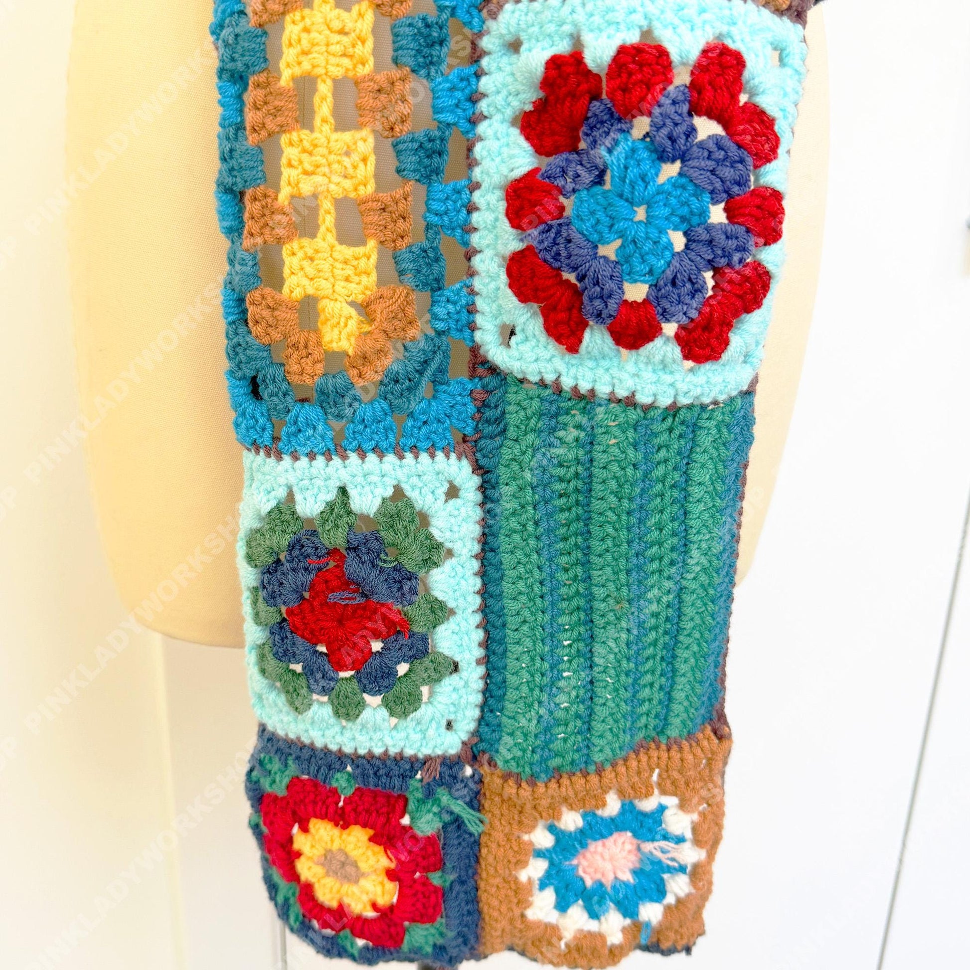 Handmade Crochet Granny Square Scarf | Vintage Patchwork Scarf | Colorful Boho | Retro Floral Knit Style | Winter Accessory