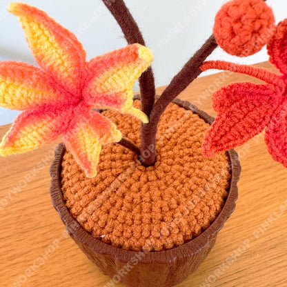 Handmade Crochet Maple Tree in Pot: Autumn Fall Leaves Plant - Knitted Faux Bonsai Decor - Thanksgiving Table Centerpiece - Cozy Fall Gift
