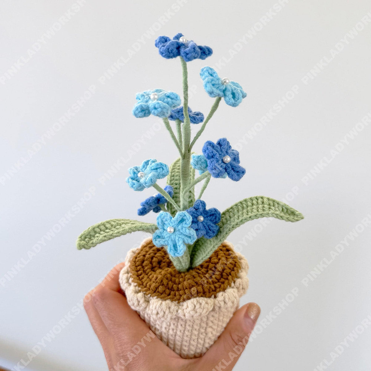 Crochet Forget-Me-Not Plant, Handmade Blue Flowers in Cream Pot