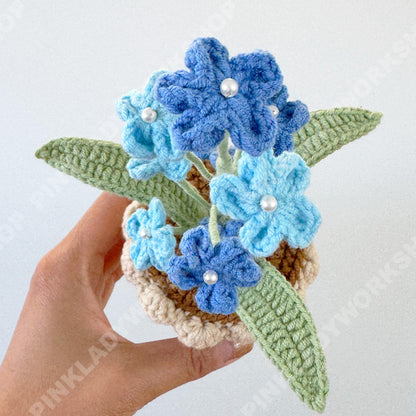 Crochet Forget-Me-Not Plant, Handmade Blue Flowers in Cream Pot