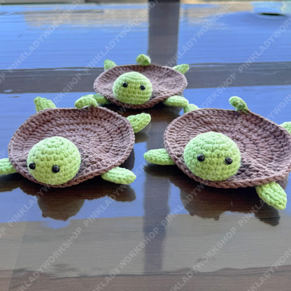 Crochet Turtle Coasters, Set of 3 Handmade Brown Green 3D