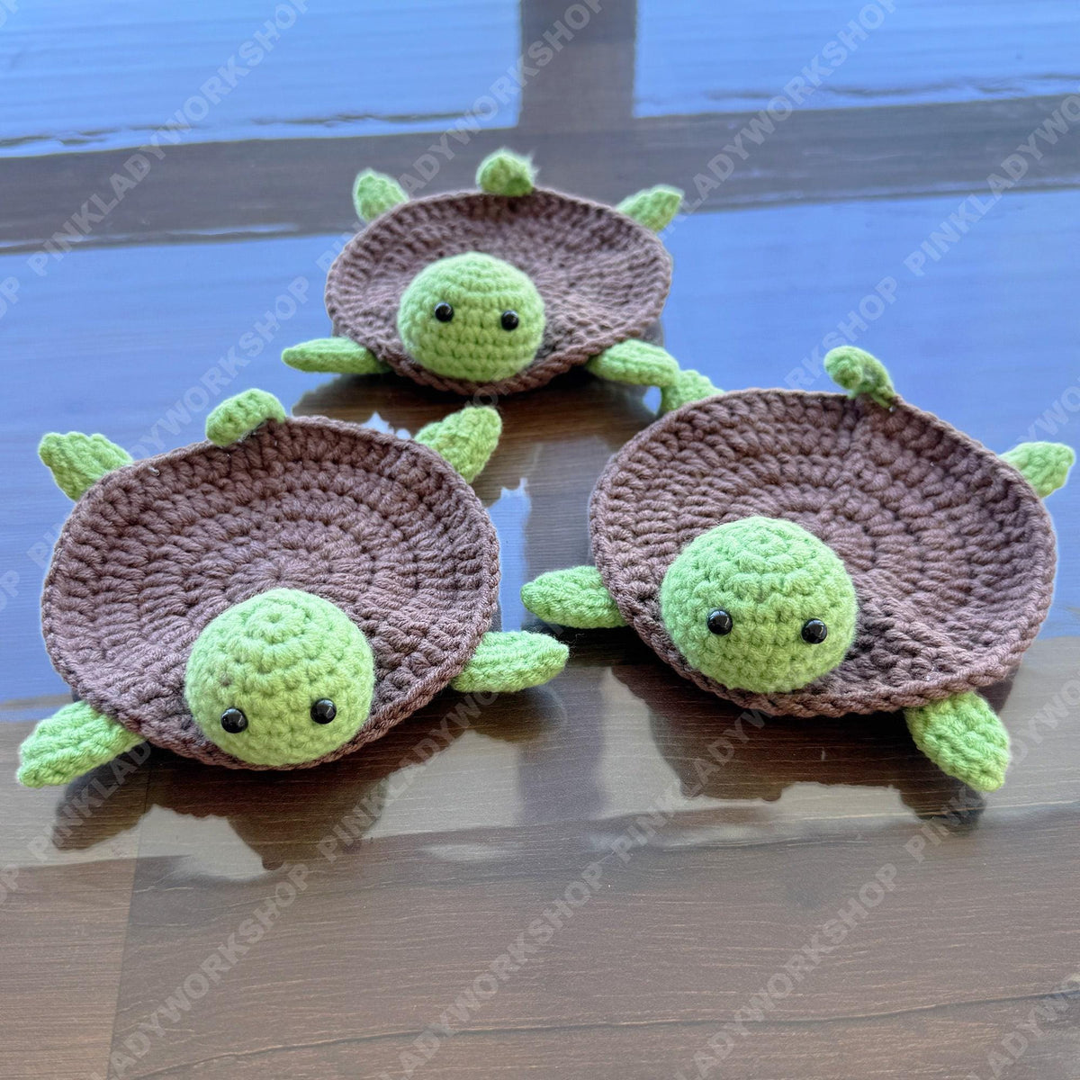 Crochet Turtle Coasters, Set of 3 Handmade Brown Green 3D
