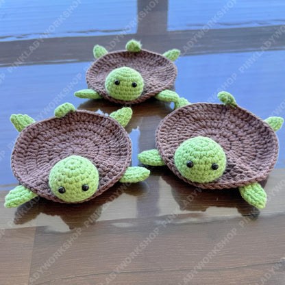 Crochet Turtle Coasters, Set of 3 Handmade Brown Green 3D