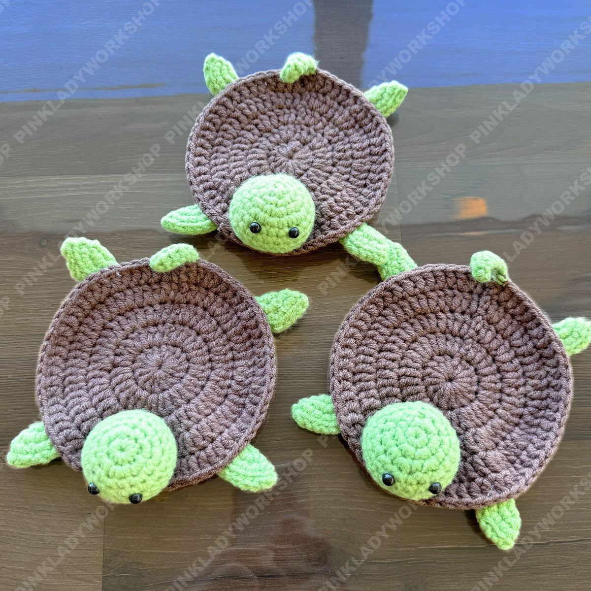 Crochet Turtle Coasters, Set of 3 Handmade Brown Green 3D