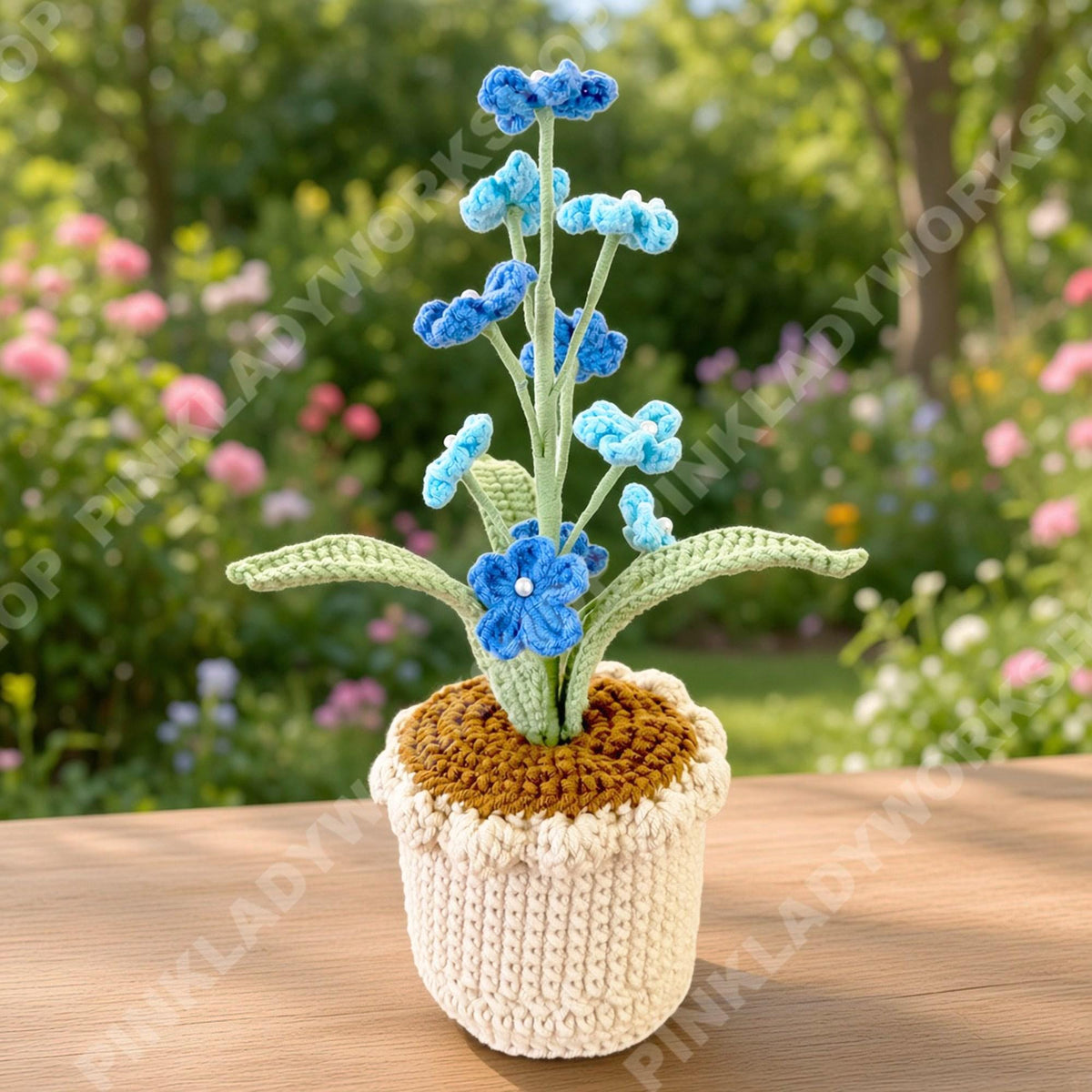 Crochet Forget-Me-Not Plant, Handmade Blue Flowers in Cream Pot