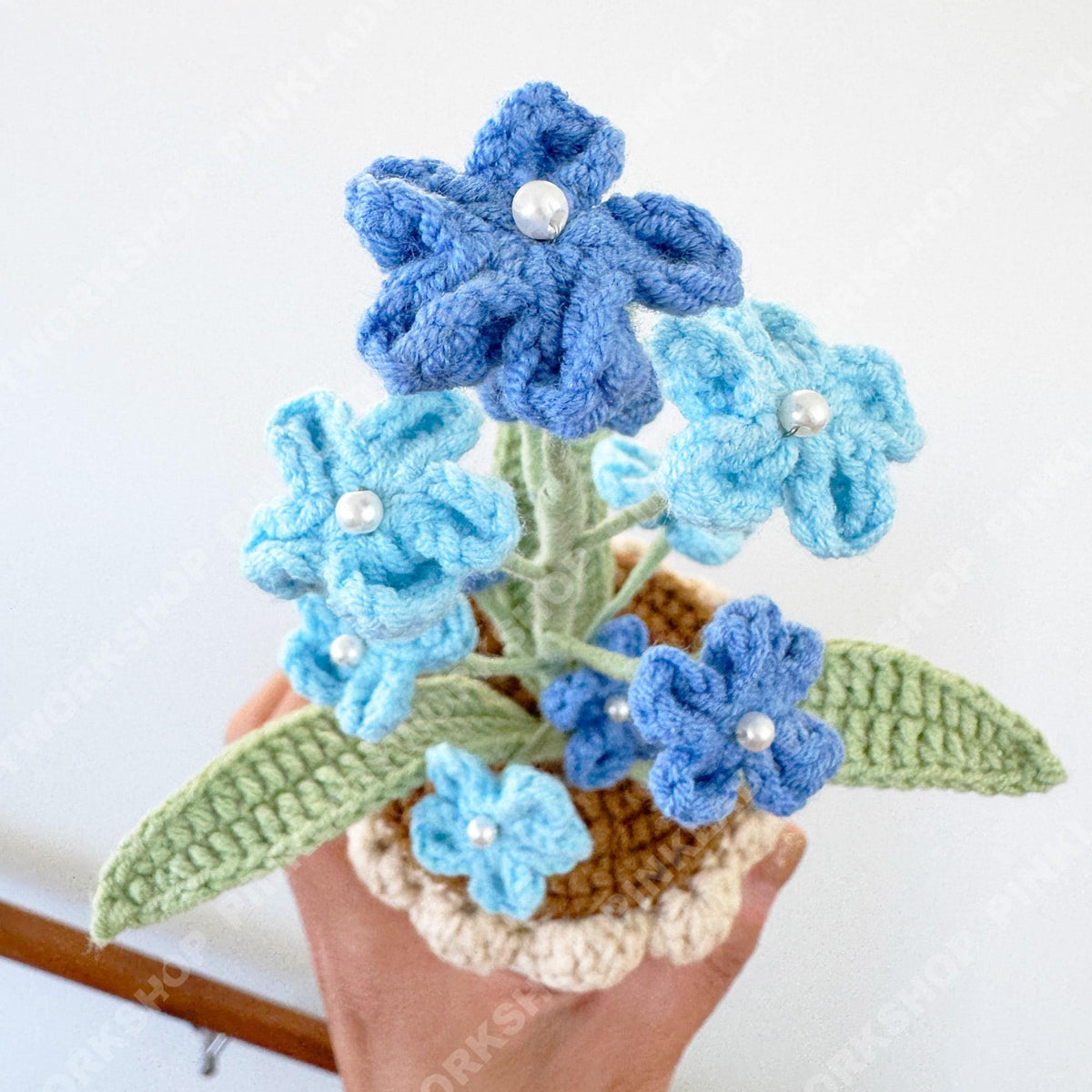 Crochet Forget-Me-Not Plant, Handmade Blue Flowers in Cream Pot