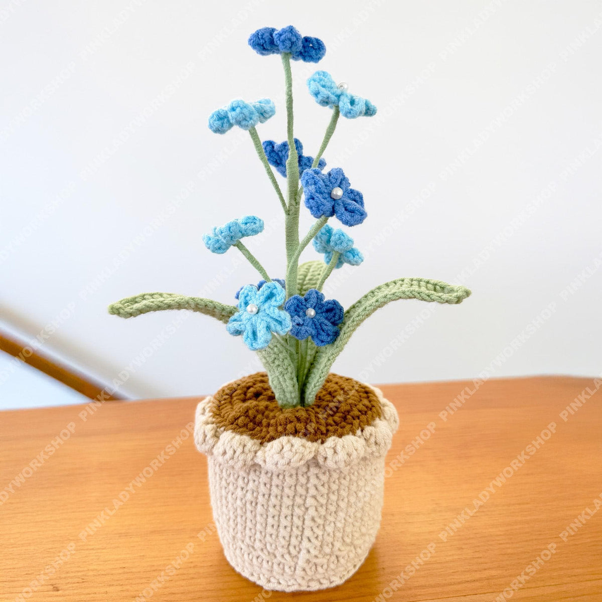 Crochet Forget-Me-Not Plant, Handmade Blue Flowers in Cream Pot