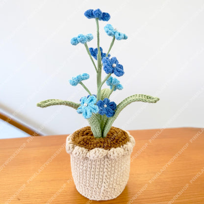 Crochet Forget-Me-Not Plant, Handmade Blue Flowers in Cream Pot