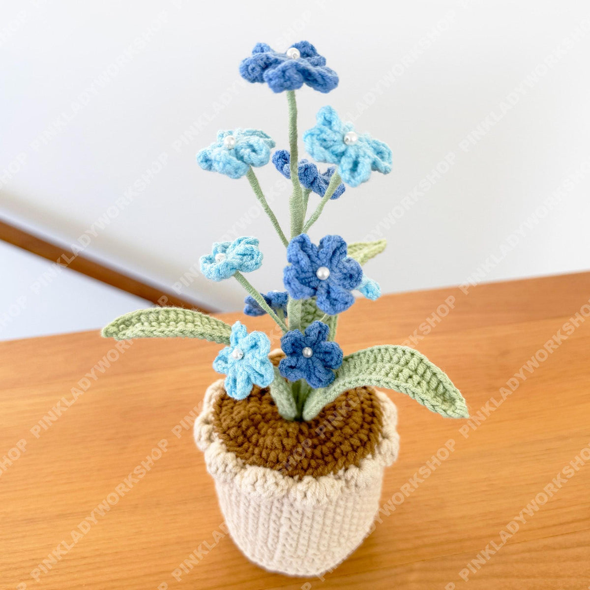 Crochet Forget-Me-Not Plant, Handmade Blue Flowers in Cream Pot