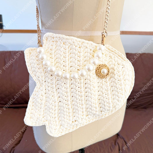 Crochet Fish Bag, Handmade Cream Yarn with Pearl Beaded Handle